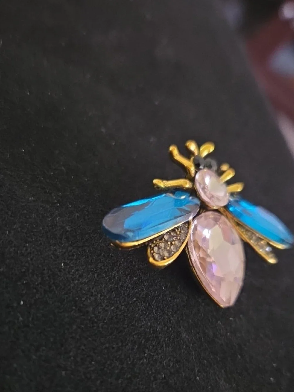 Goldtone Bee Brooch with Pink and Blue Crystals